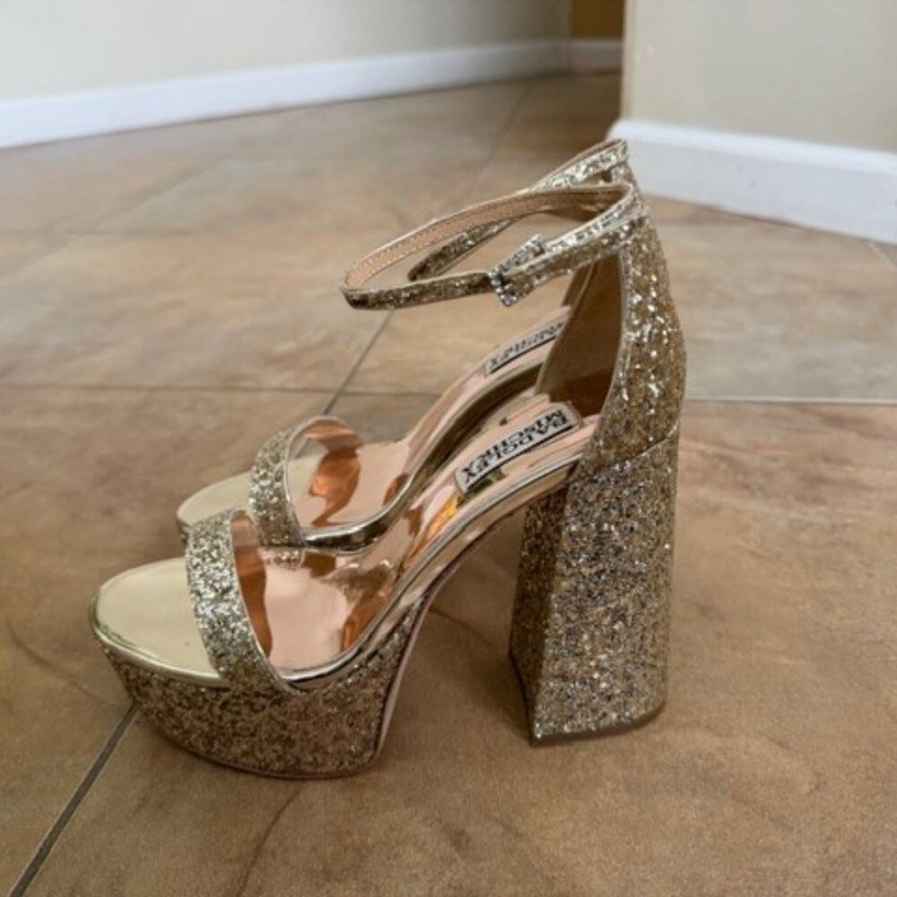 Badgley Mischka Party Platform Block 5" Heel Sandals Gold Glitter